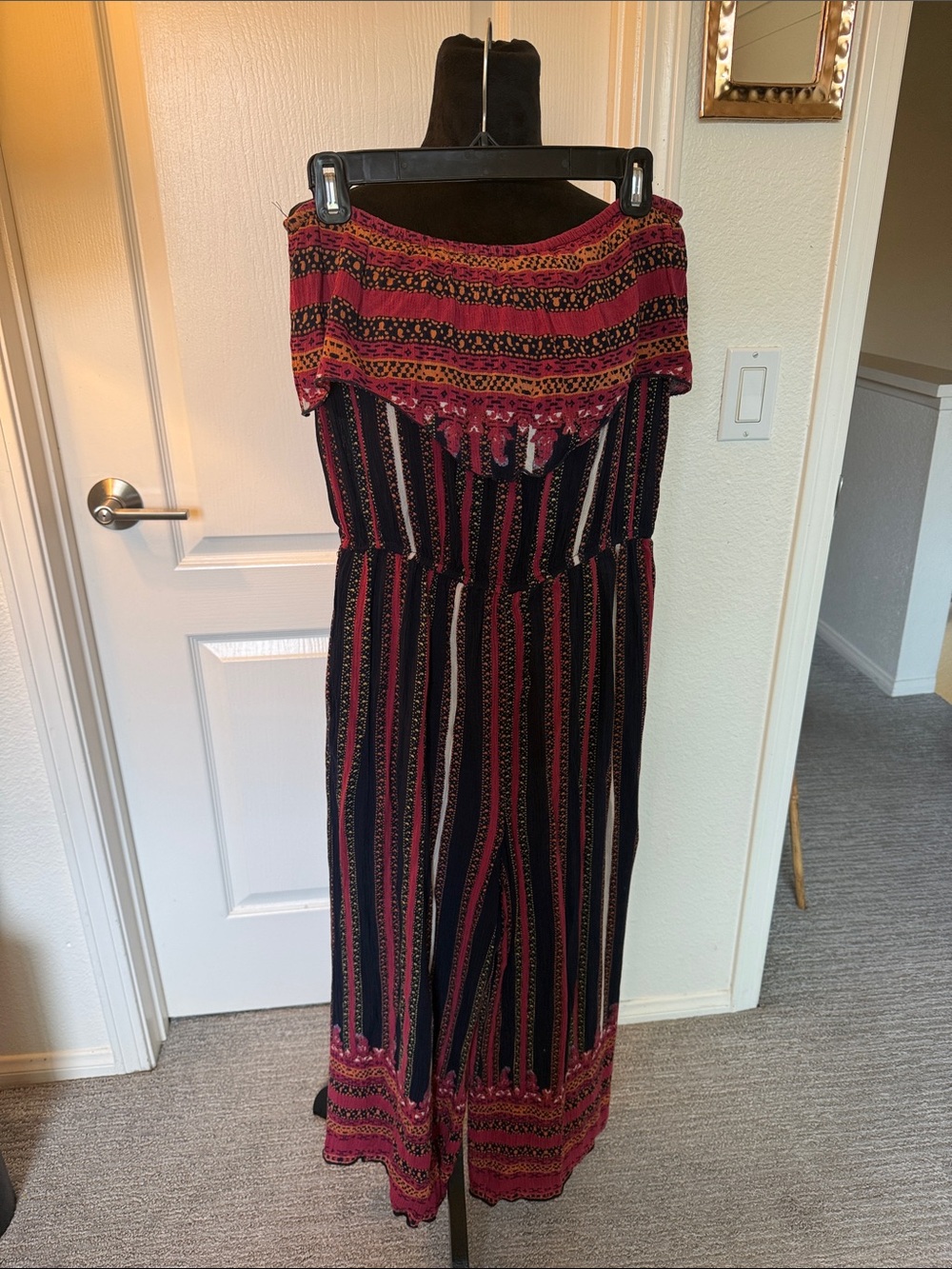 Free People Boho Off-Shoulder Striped Jumpsuit in Burgundy and Black